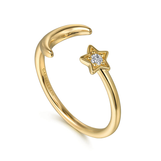 14k Yellow Gold White Sapphire Moon and Star Open Ladies Ring LR52636Y4JWS