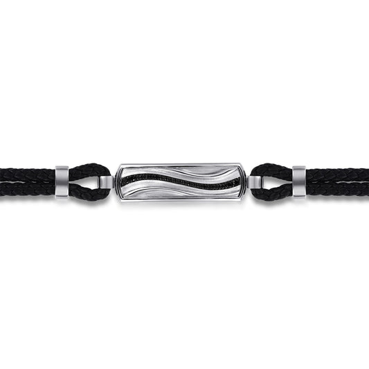 925 Sterling Silver and Leather Bangle with Black Spinel Wave ID Bangle BGM2203-72SVJBS