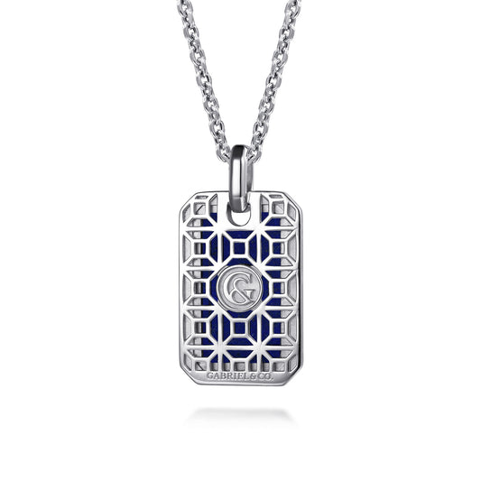 925 Sterling Silver Lapis Dog Tag Pendant Necklace NKM2248-22SVJLP