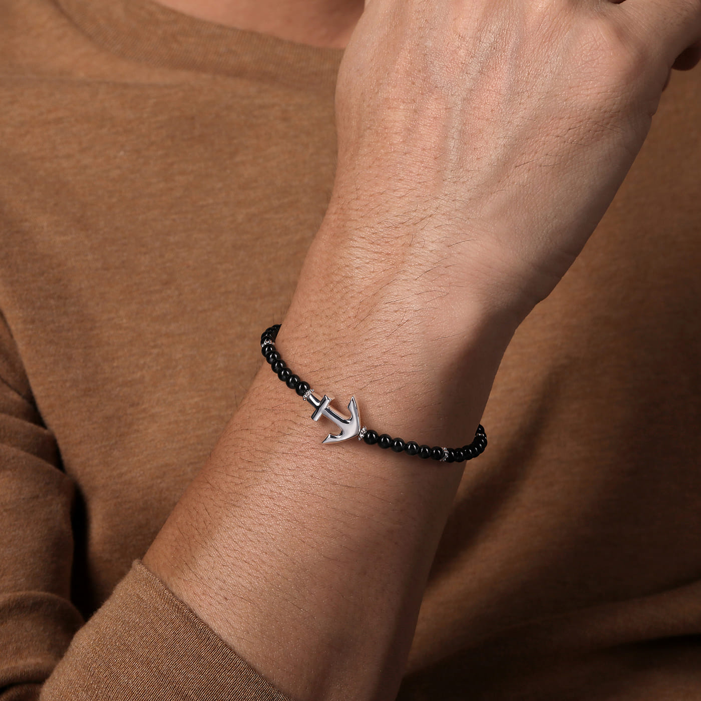 Beaded Bracelet Anchor 925 Sterling Silver Onyx 4mm TBM20038SVJOX