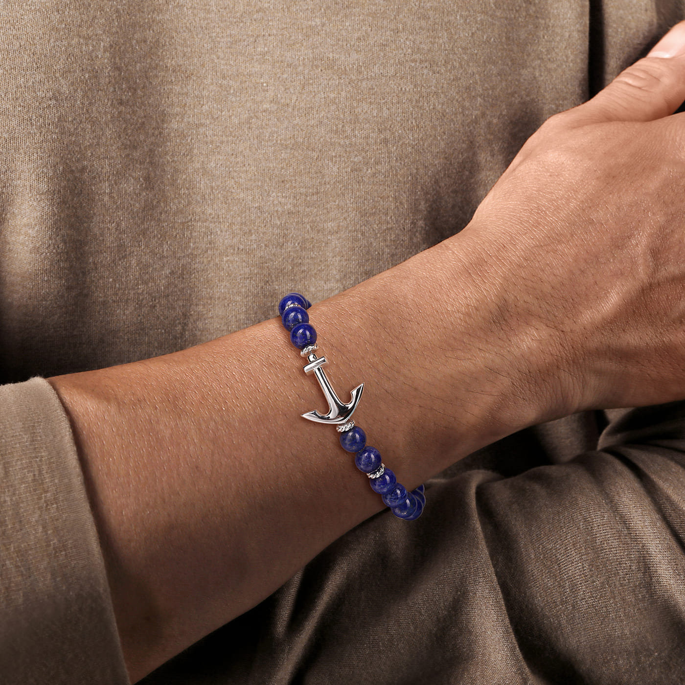 Sterling Silver and 8mm Lapis Beaded Bracelet with Anchor TBM2039SVJLP