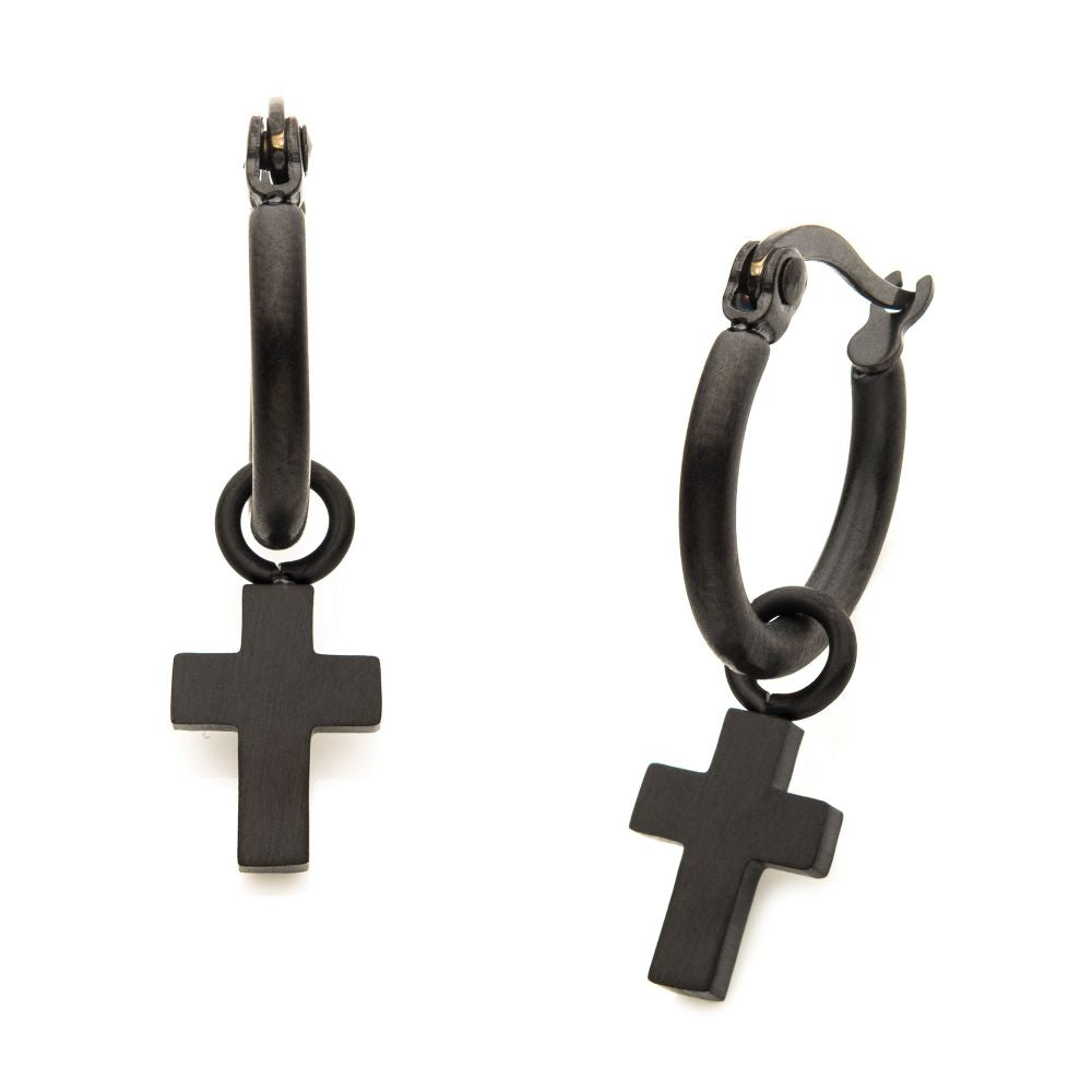 Matte Black IP Hoop with Cross Dangle Earrings SSEH112MB