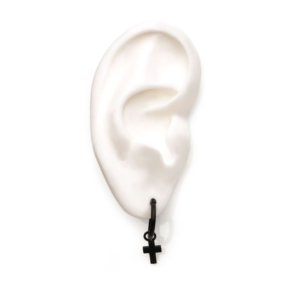 Matte Black IP Hoop with Cross Dangle Earrings SSEH112MB