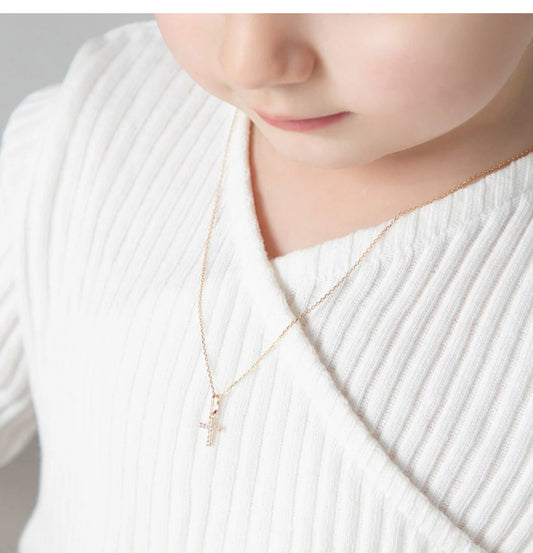 14k Clear CZ Cross Pendant Necklace 12”