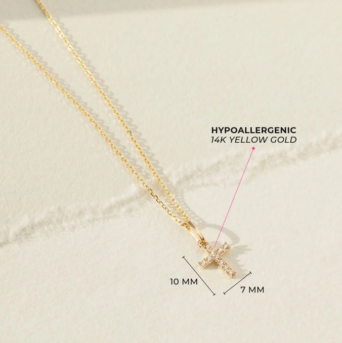 14k Clear CZ Cross Pendant Necklace 12”