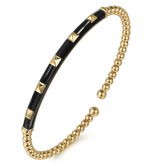 Enamel - 14K Yellow Gold Bujukan Beads and Pyramid Split Bangle with Black Enamel BG4969E8Y4JJJ