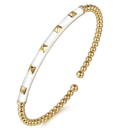 Enamel - 14K Yellow Gold Bujukan Beads and Pyramid Split Bangle with White Enamel BG4969E9Y4JJJ