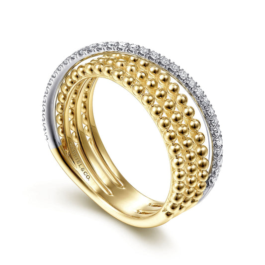 Gabriel & Co. 14K White-Yellow Gold Three Row Bujukan Ball and Diamond Band Ring LR51720M45JJ.S700