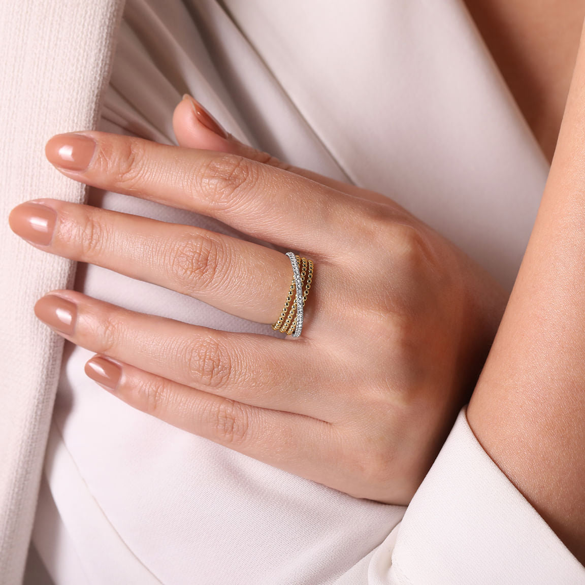 Gabriel & Co. 14K White-Yellow Gold Three Row Bujukan Ball and Diamond Band Ring LR51720M45JJ.S700
