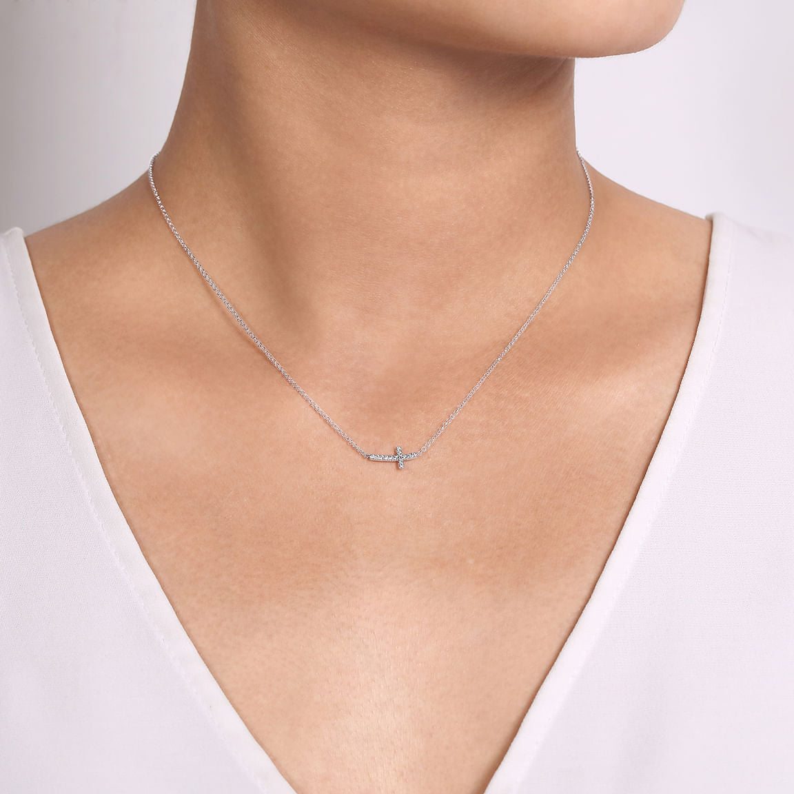 Gabriel & Co. 14K White Gold Sideways Curved Diamond Cross Necklace NK4345W45JJ