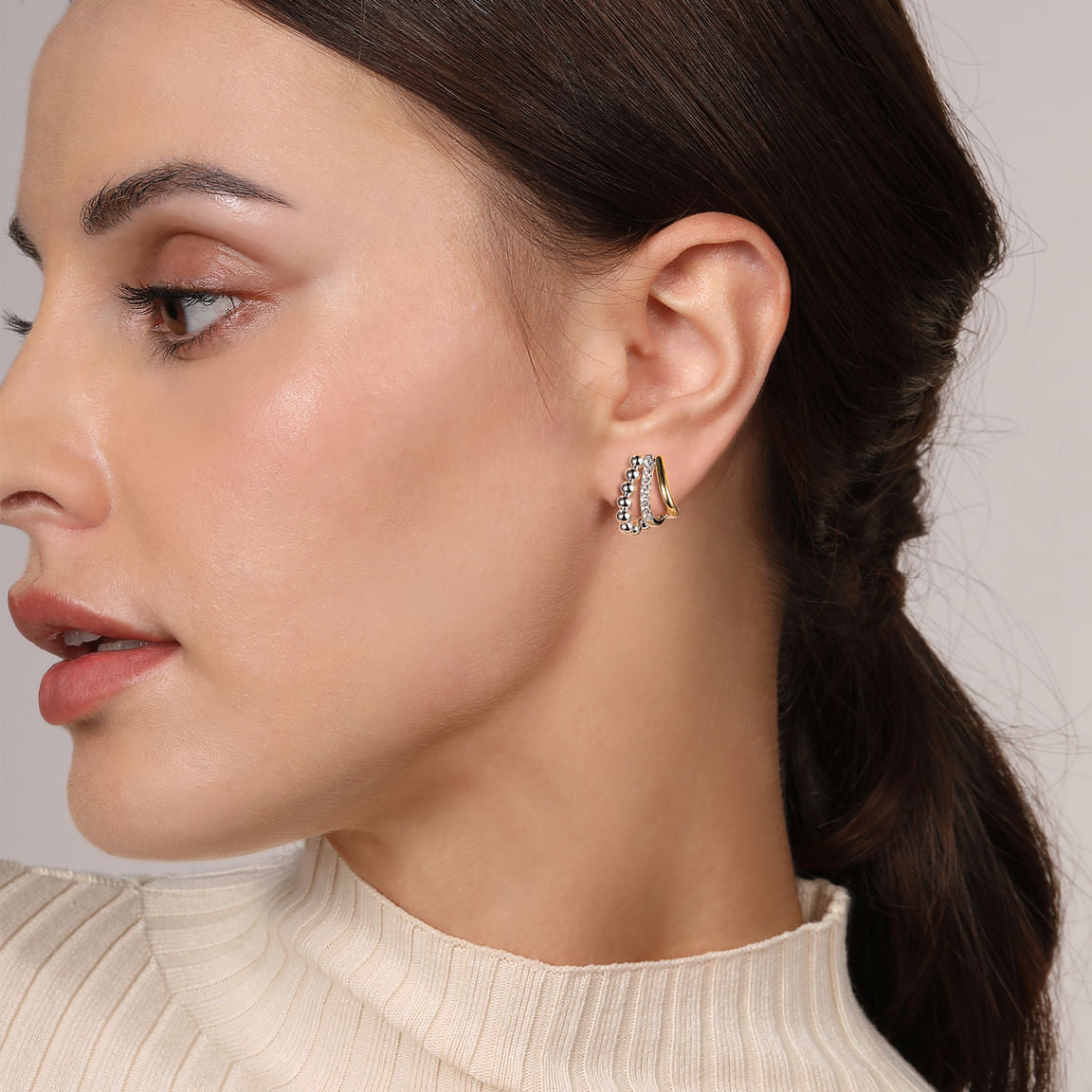 Gabriel & Co. 925 Sterling Silver and 14k Yellow Gold Bujukan And White Sapphire Multiple Row J Hoop Earrings EG15293MZJWS