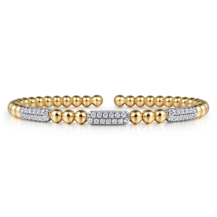 Gabriel & Co. 14K White and Yellow Gold Diamond Pave Three Station Bar Bujukan Beads Split Bangle Bracelet BG4974-57M45JJ