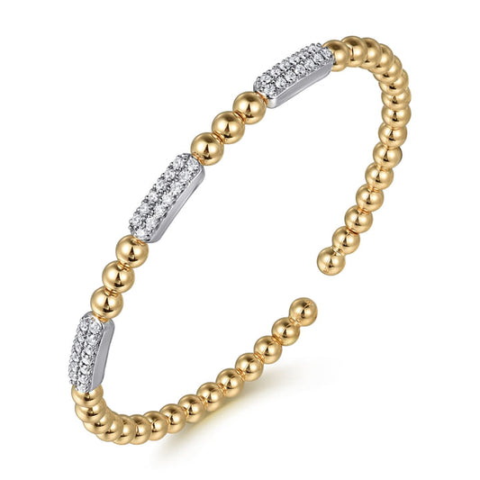 Gabriel & Co. 14K White and Yellow Gold Diamond Pave Three Station Bar Bujukan Beads Split Bangle Bracelet BG4974-57M45JJ