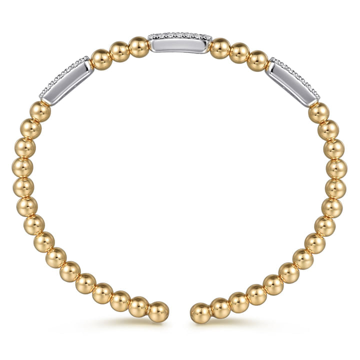 Gabriel & Co. 14K White and Yellow Gold Diamond Pave Three Station Bar Bujukan Beads Split Bangle Bracelet BG4974-57M45JJ