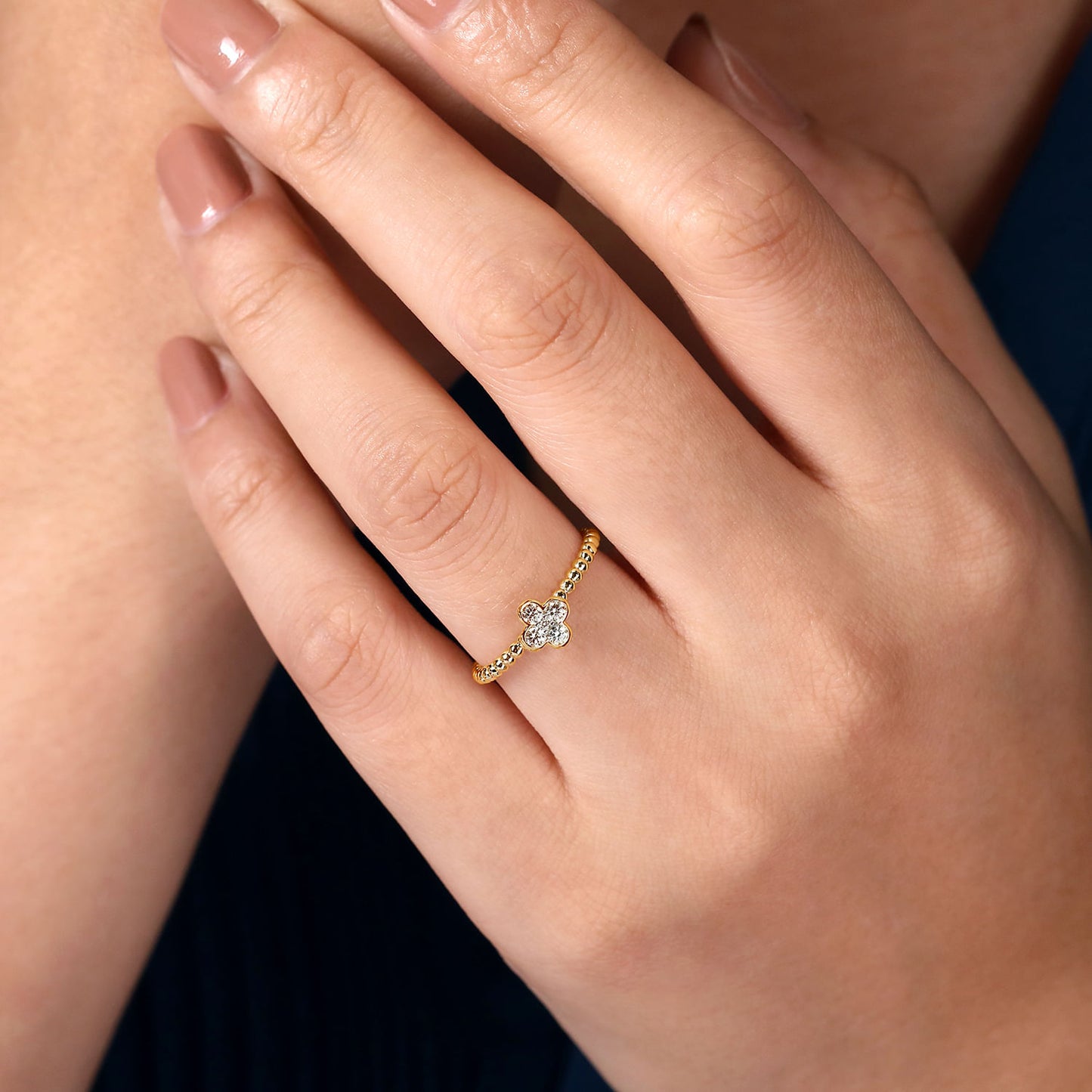 Gabriel & co 14K Yellow Gold Diamond Cluster Clover and Bujukan Bead Ring LR51911Y45JJ