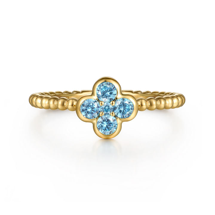 Gabriel & co 14K Yellow Gold Blue Topaz Cluster Clover and Bujukan Bead Stackable Ring LR52876Y4JBT