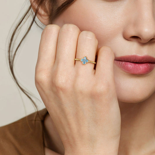 Gabriel & co 14K Yellow Gold Blue Topaz Cluster Clover and Bujukan Bead Stackable Ring LR52876Y4JBT