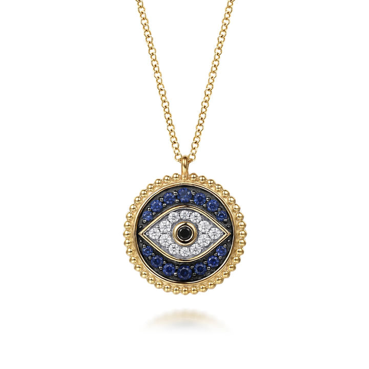 Gabriel & co 14K Yellow Gold Bujukan Diamond Blue Sapphire and Black Spinel Evil Eye Pendant Necklace NK8093Y45MC