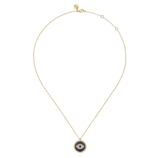 Gabriel & co 14K Yellow Gold Bujukan Diamond Blue Sapphire and Black Spinel Evil Eye Pendant Necklace NK8093Y45MC