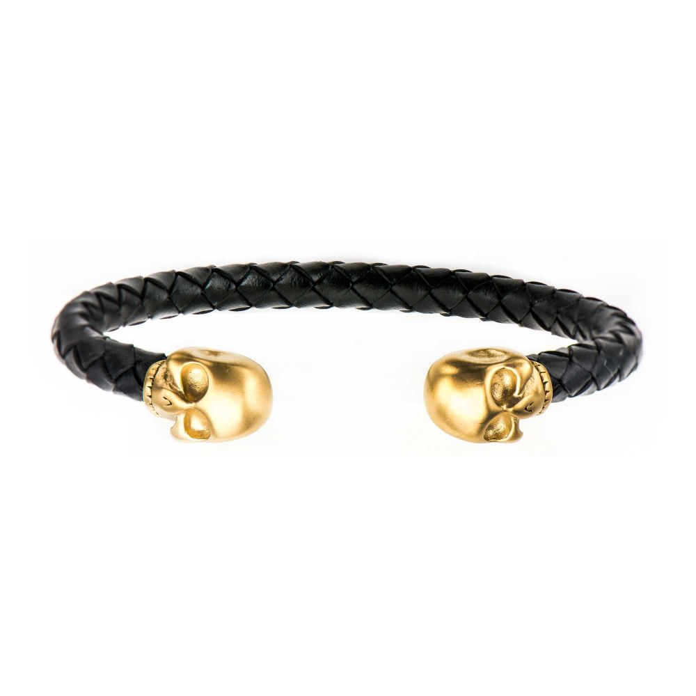 Black Leather with Gold IP Skull Cuff Bracelet BR3922G