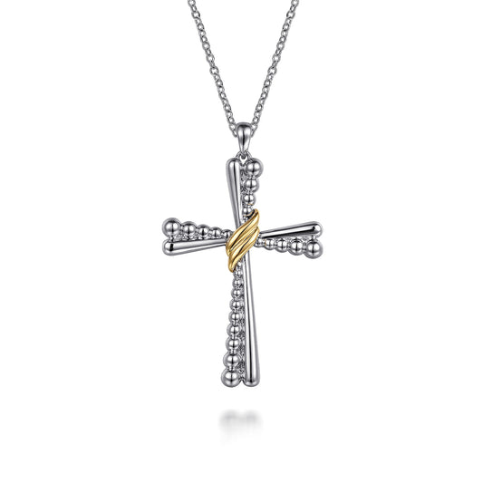 925 Sterling Silver and 14K Yellow Gold Bujukan Cross Pendant Necklace NK7778MZJJJ