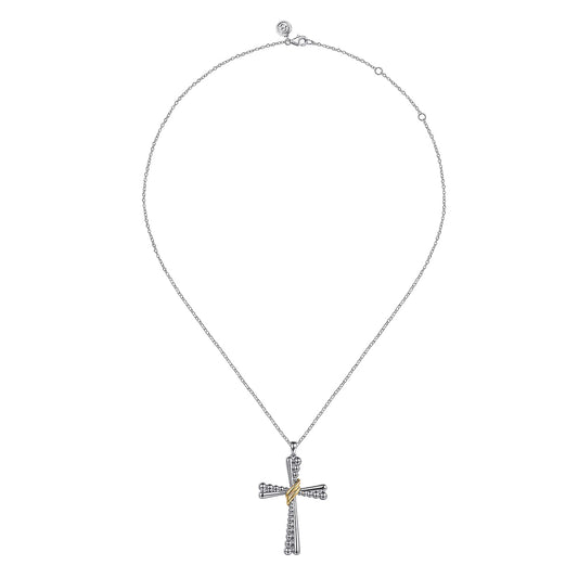 925 Sterling Silver and 14K Yellow Gold Bujukan Cross Pendant Necklace NK7778MZJJJ