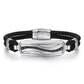 925 Sterling Silver and Leather Bangle with Black Spinel Wave ID Bangle BGM2203-72SVJBS