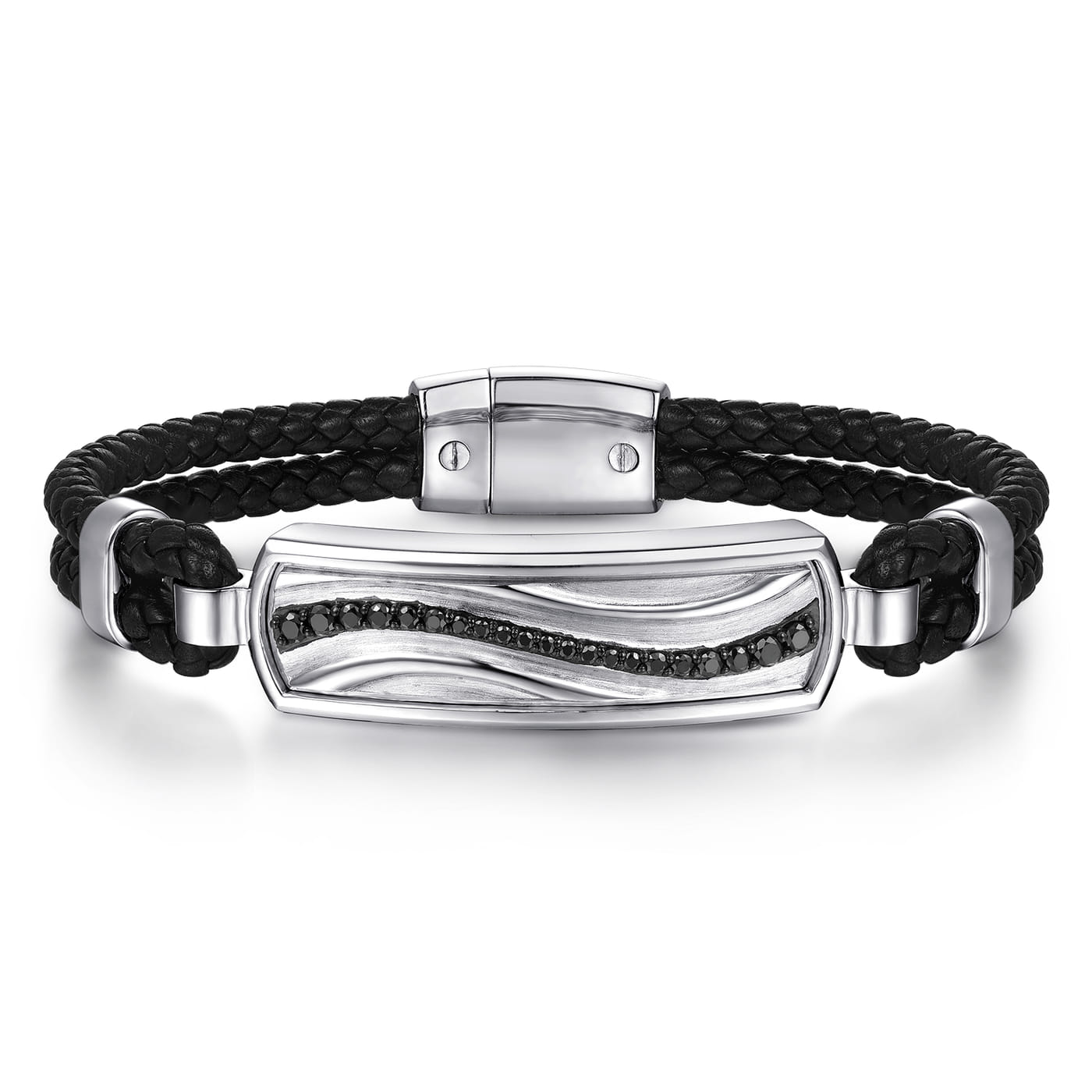 925 Sterling Silver and Leather Bangle with Black Spinel Wave ID Bangle BGM2203-72SVJBS