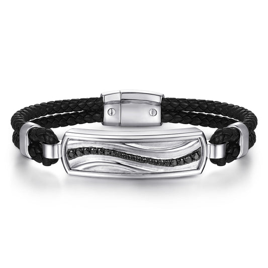 925 Sterling Silver and Leather Bangle with Black Spinel Wave ID Bangle BGM2203-72SVJBS