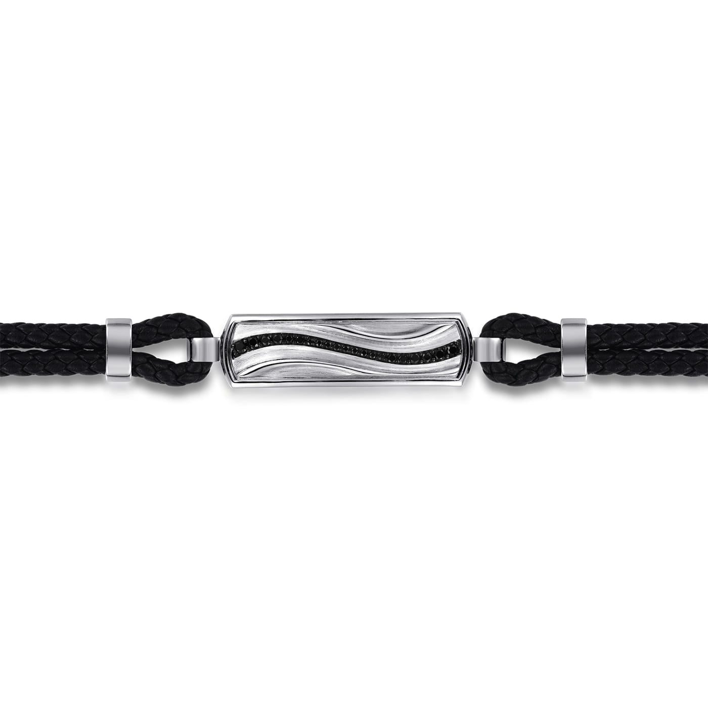 925 Sterling Silver and Leather Bangle with Black Spinel Wave ID Bangle BGM2203-72SVJBS