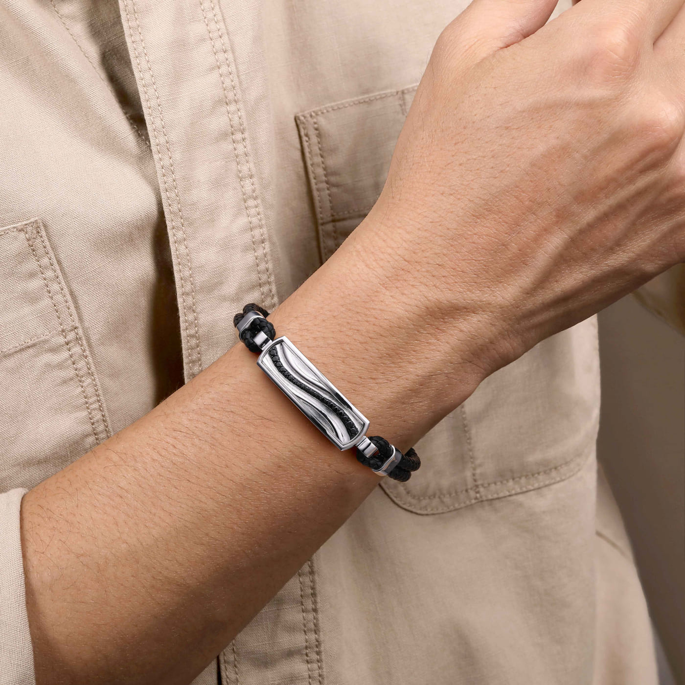 925 Sterling Silver and Leather Bangle with Black Spinel Wave ID Bangle BGM2203-72SVJBS
