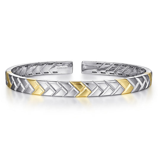 Open Cuff Bangle Herringbone 925 Sterling Silver and 14k Yellow Gold 7mm BGM4512-72MZJJJ