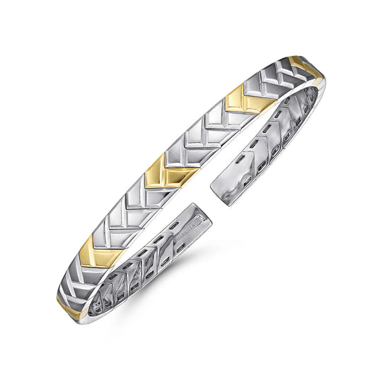 Open Cuff Bangle Herringbone 925 Sterling Silver and 14k Yellow Gold 7mm BGM4512-72MZJJJ