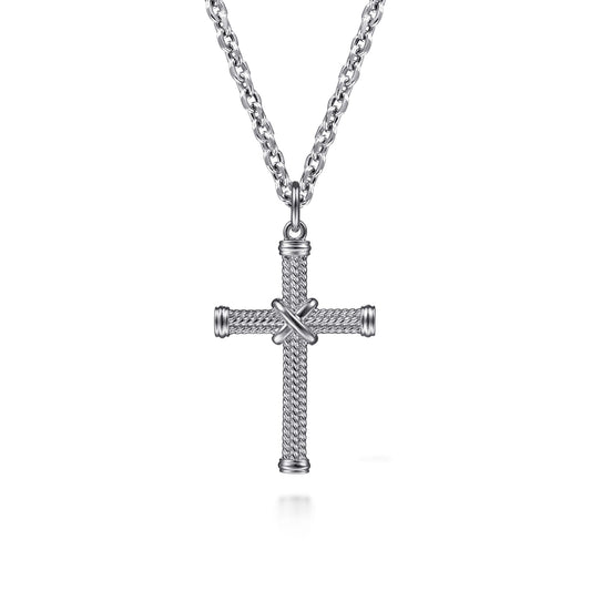 Twisted Rope Cross Pendant Necklace X Center 925 Sterling Silver  NKM2105-22SVJJJ