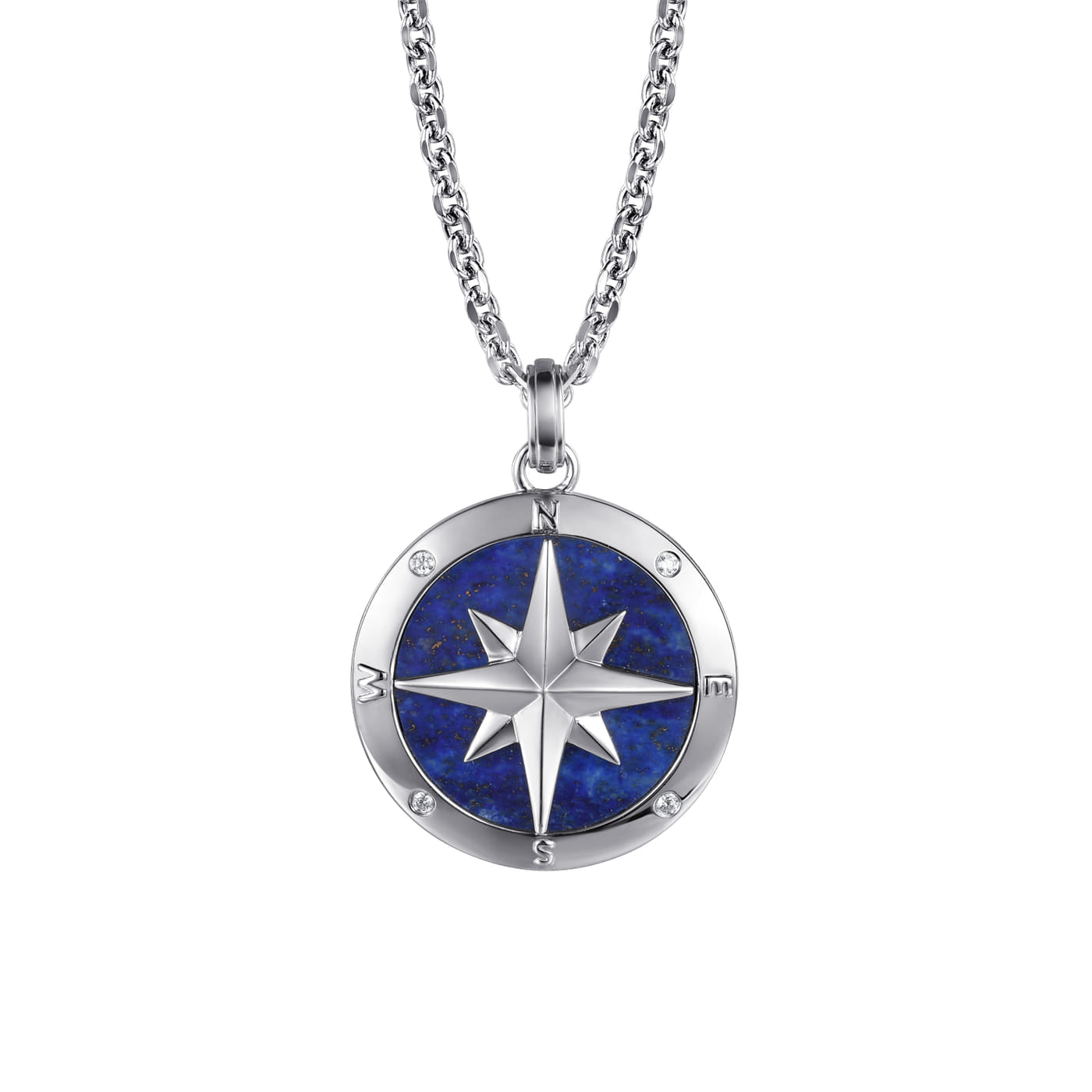 925 Sterling Silver Diamond and Lapis Compass Pendant Necklace NKM2138-22SV5LP