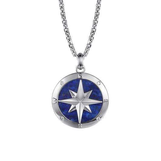 925 Sterling Silver Diamond and Lapis Compass Pendant Necklace NKM2138-22SV5LP
