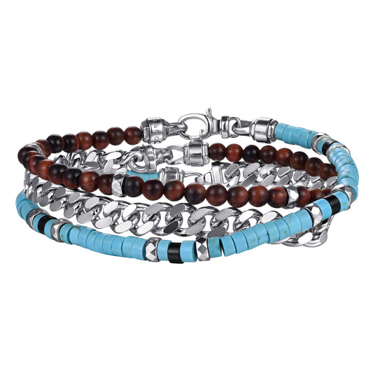 Beaded Wrap Bracelet and Necklace 925 Sterling Silver Turquoise Onyx and Tiger Eye TBM2136SVJMC