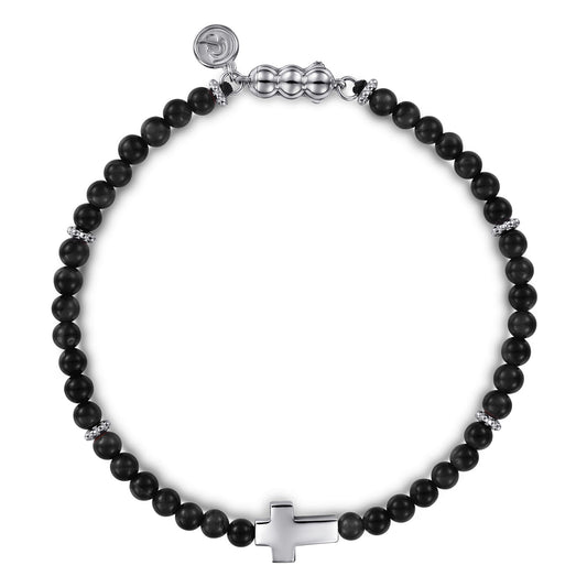 925 Sterling Silver Onyx Beads Cross Bracelet TBM4541SVJOX