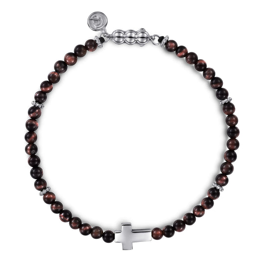 925 Sterling Silver Cross Bracelet with 4mm Tiger Eye Beads TBM4541SVJTE