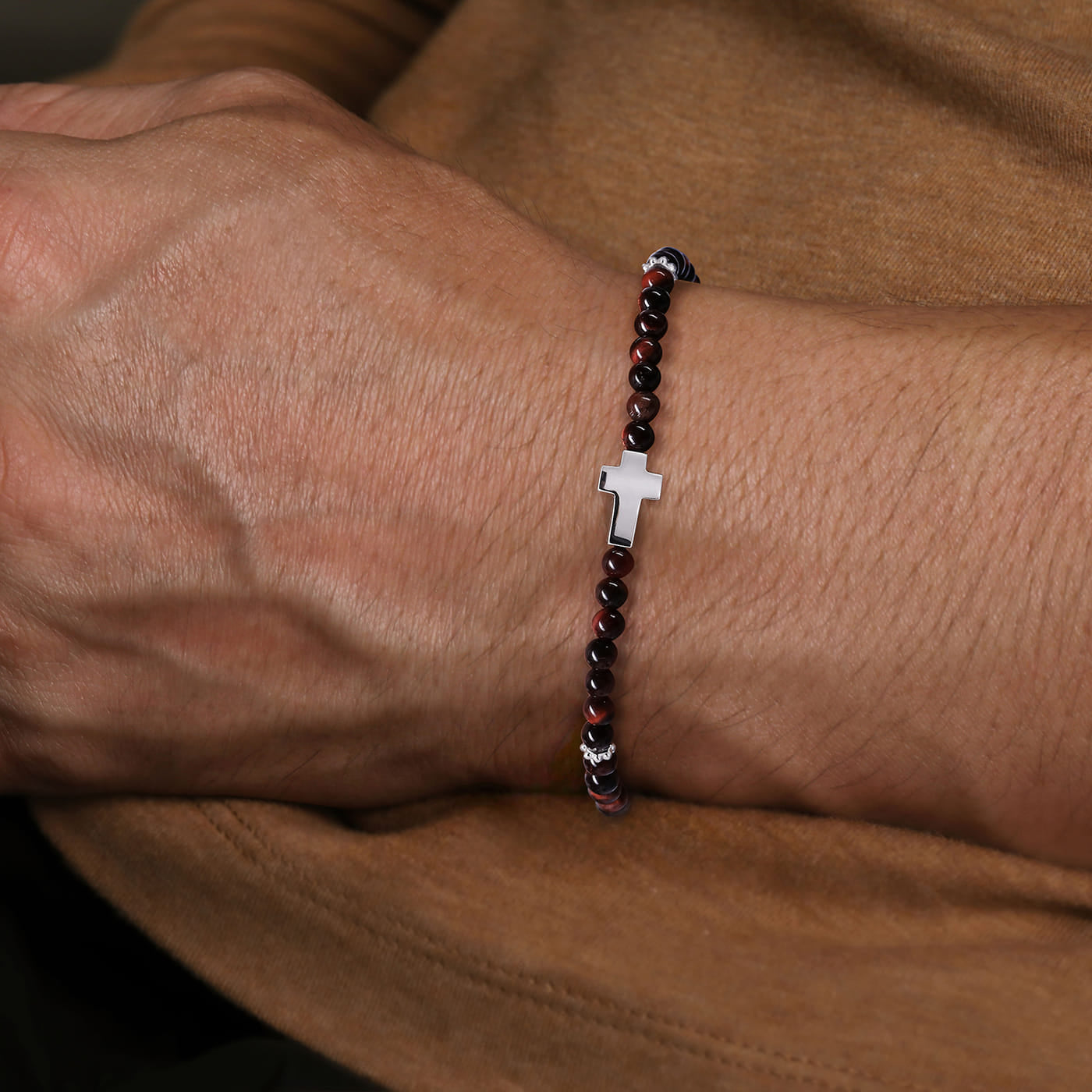 925 Sterling Silver Cross Bracelet with 4mm Tiger Eye Beads TBM4541SVJTE