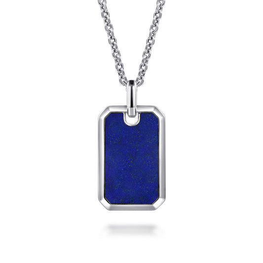 925 Sterling Silver Lapis Dog Tag Pendant Necklace NKM2248-22SVJLP