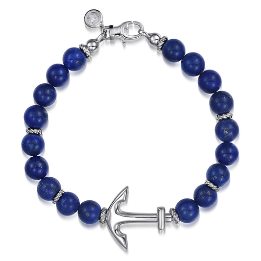 Sterling Silver and 8mm Lapis Beaded Bracelet with Anchor TBM2039SVJLP