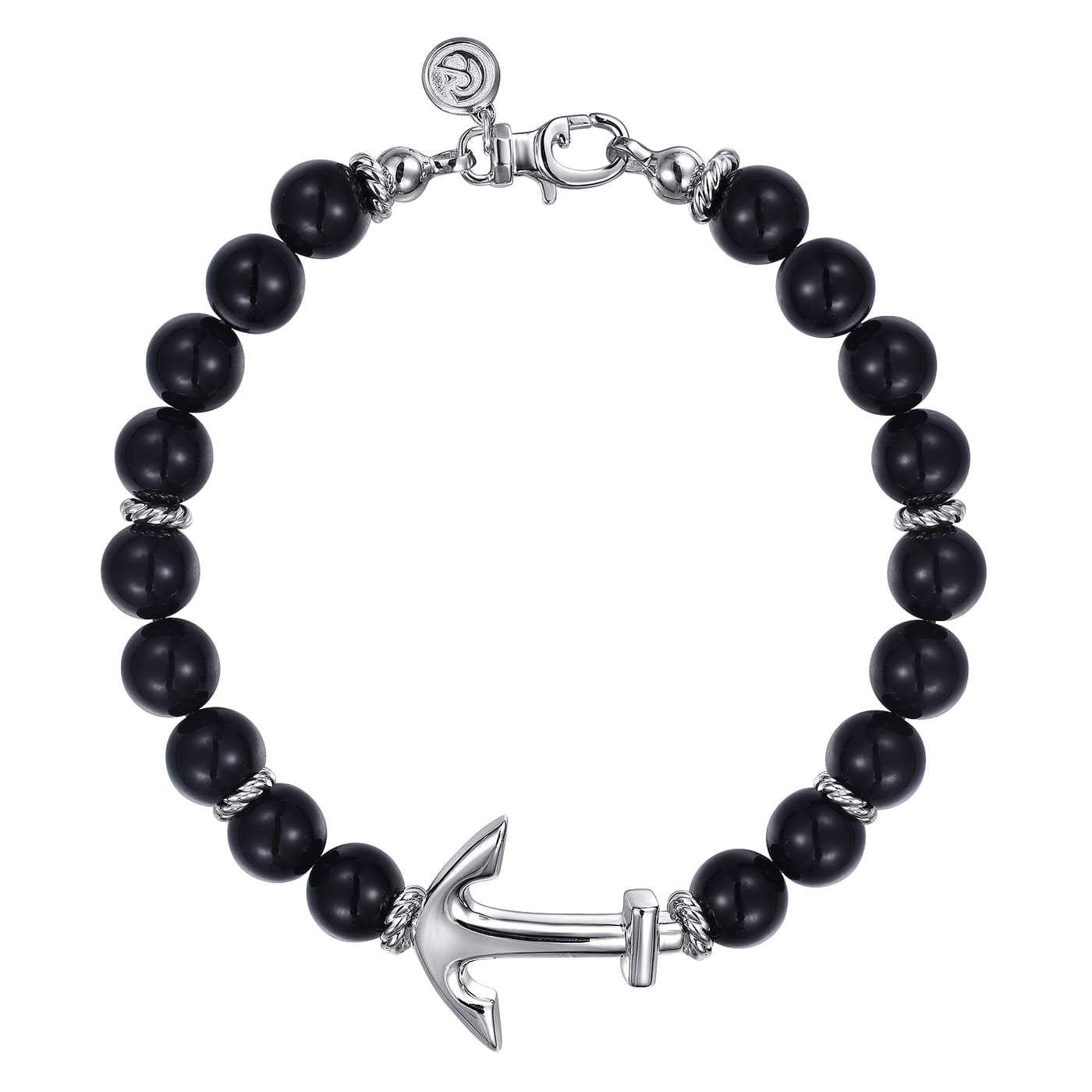 Sterling Silver and 8mm Onyx Beaded Bracelet with Anchor TBM2039SVJOX