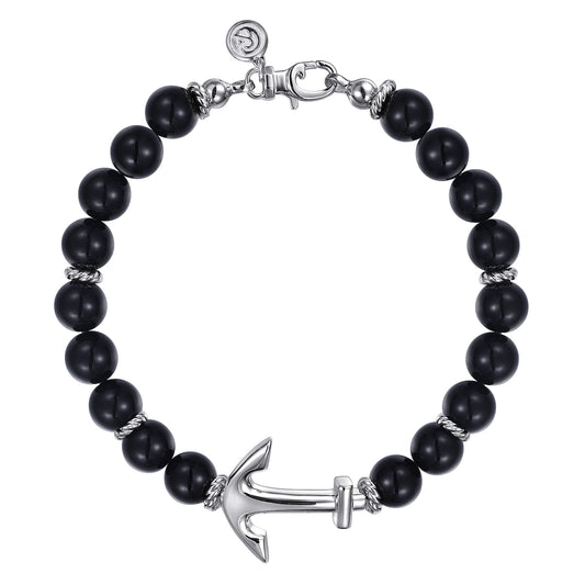 Sterling Silver and 8mm Onyx Beaded Bracelet with Anchor TBM2039SVJOX