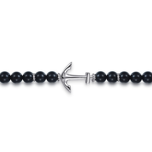 Sterling Silver and 8mm Onyx Beaded Bracelet with Anchor TBM2039SVJOX