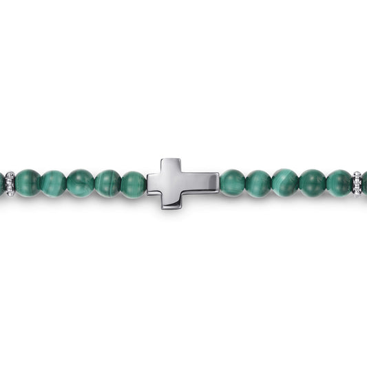 925 Sterling Silver Cross Bracelet with 4mm Malachite Beads TBM2152SVJMA