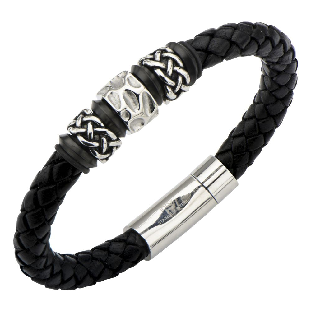 Celtic Knot Bead in Black Braided Full Grain Cowhide Leather Bracelet