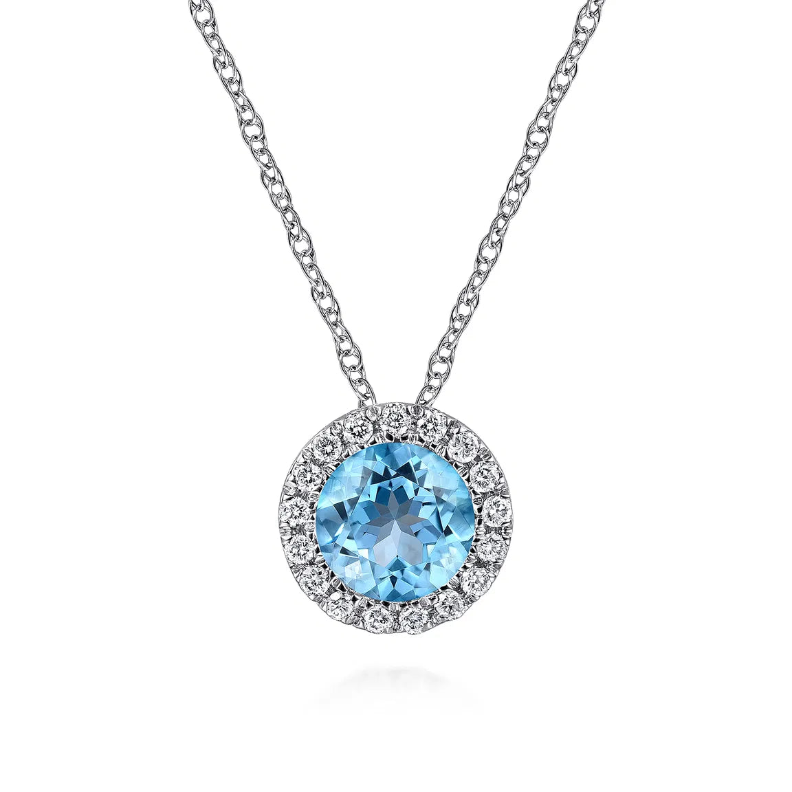 Gabriel & Co. 14K White Gold Round Swiss Blue Topaz and Diamond Halo Pendant Necklace NK2824W45BT