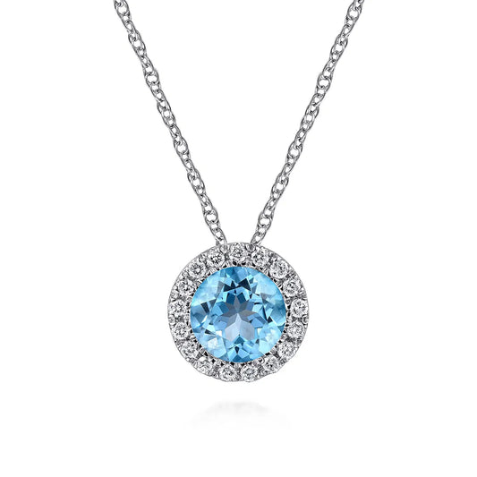 Gabriel & Co. 14K White Gold Round Swiss Blue Topaz and Diamond Halo Pendant Necklace NK2824W45BT
