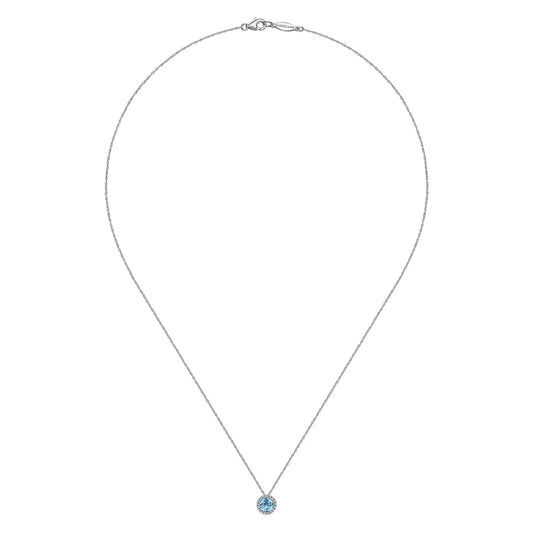 Gabriel & Co. 14K White Gold Round Swiss Blue Topaz and Diamond Halo Pendant Necklace NK2824W45BT
